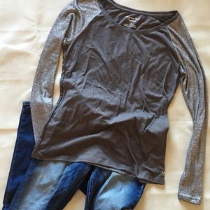 AE Gray shirt with shiny foil sleeves